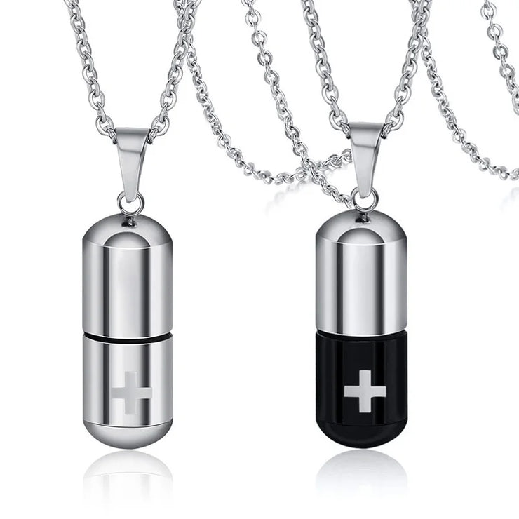 Cross Engraved Pill Necklace for Men Women