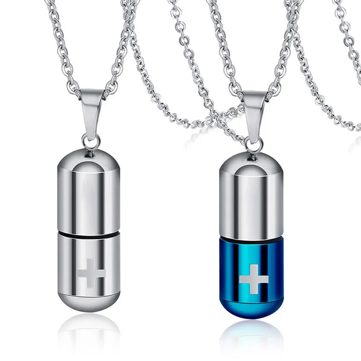 Cross Engraved Pill Necklace for Men Women